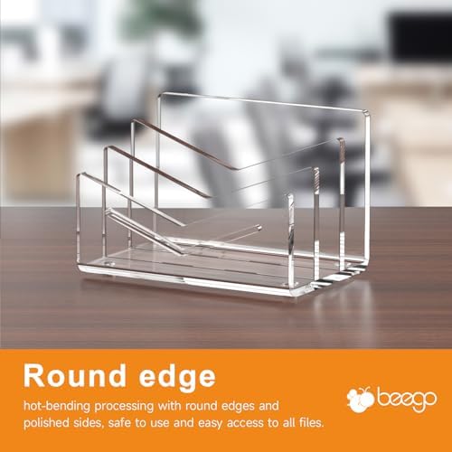 Beego Envelope and Mail Organizer Countertop - 3 Compartments Clear Acrylic Desk Organizer Letter Holder Desktop File Sorter Bill Document Folder Rack for Office, Home, School Desk Organization