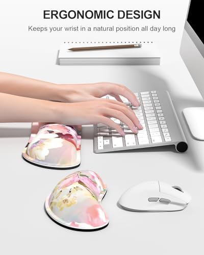 Auhoahsil Large Mouse Pad with Wrist Rests for Keyboard & Mouse, Thick Soft Ergonomic Memory Foam Wrist Supports, Big & Long Desk Mat 35.5 x 15.7 in, for Office Gaming Computer, Pink Flowers