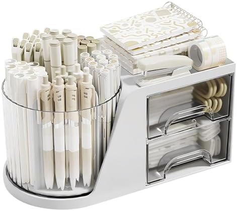 Desk Organizer with Rotating Pencil Pen Holder and 2 Small Drawers, Desk Caddy for Office Workspace Organization and Storage (White)