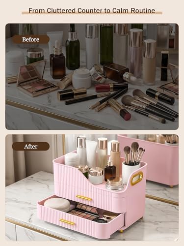 Booklov Large Makeup Organizer for Vanity, Bathroom Countertop, Pink