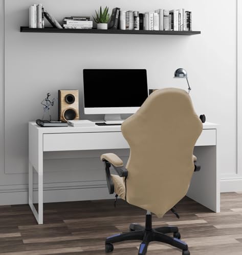 Gaming Chair Cover Set with Armrest Covers, Stretch Ruffled Slipcover for Racing Office Computer Reclining Chairs (Khaki)