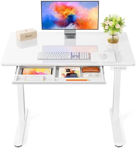 Marsail Glass Standing Desk with Drawer 37 x 22 Inches Stand up Desk Standing Desk Adjustable Height with One-Piece Tempered Glass Top, Ergonomic Home Office Desk with 4 Preset Heights White
