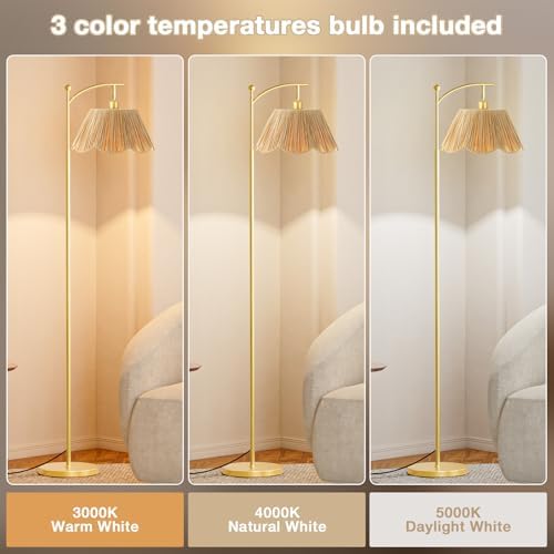 Ambimall 60" Floor Lamps for Living Room with 3 Color Temperatures, Gold Floor Lamp with Rattan Shade, Modern Tall Lamps for Bedroom Office, 9W LED Bulb Included
