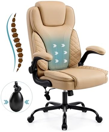 Ergonomic Office Chair, PU Leather High Back Executive Chair with Adjustable Inflatable Lumbar Support and Padded Flip-Up Arms, Recline Swivel Task Computer Chair for Home Office, Khaki