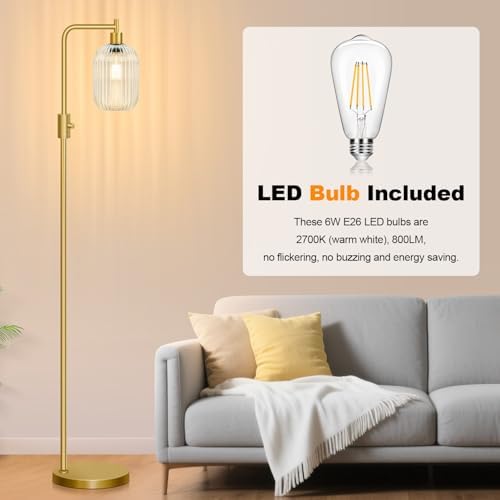 【Upgraded】 Dimmable Floor Lamp for Living Room with Clear Ribbed Glass Lampshade, Gold Modern Floor Lamp with 900LM LED Bulb Included, Arc Standing Tall Lamp for Bedroom, Office, Reading Room, Corner