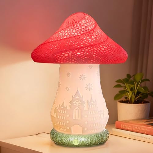 Cordless Mushroom Lamp - Rechargeable Touch Lamp for Nightstand, 3 Color Temperature Bedside Lamp with Rotating Castle Shade, Battery Operated Small Lamp for Bedroom, Nursery, Kids Room