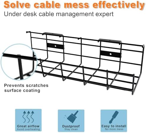 Under Desk Cable Management- 4 Pack Cord Organizer. Metal Wire Cable Management Tray for Office, Studio and Home. Super Sturdy Under Table Cable Managements - Black Cable Organizer