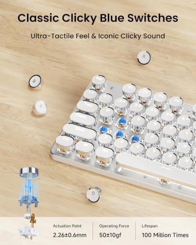 Wireless Typewriter Style Mechanical Keyboard with White Backlit, White