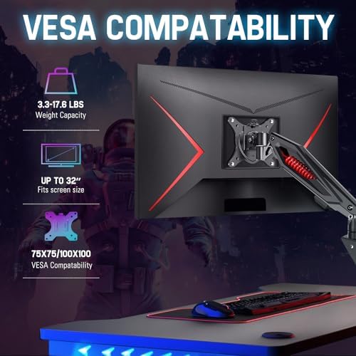 MOUNT PRO Single Gaming Monitor Stand - Mechanical Spring Display Mount, Adjustable Gaming Monitor Arm with C Clamp and Grommet Mounting Base - Fits for Computer Screen up to 32”, VESA 75x75, 100x100