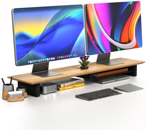 COREMINDED Solid Wood Dual Monitor Stand Riser, 42 Inch Oak Desk Shelf