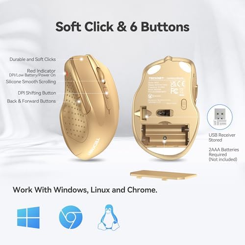 TECKNET Wireless Mouse, 2.4G Ergonomic Computer Mouse, 2600 DPI, Gold