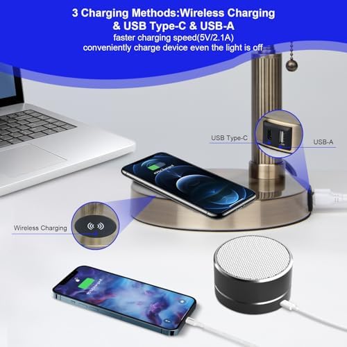 FIRVRE Bankers Lamp with2 USB and Wireless Charging Port，Pull Chain Switch Blue Glass Desk Lamp， E26 Base,Traditional Library Desk Lamps for Home Office,Bedroom,Piano
