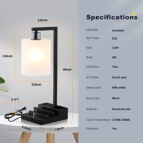 Bedroom Lamps for Nightstand, 3 Color Temperature Nightstand Lamp Bedside Lamps with Dual USB Ports and Outlet, Modern Table Lamp Built-in Pen Holder & Phone Stands, Energy Saving LED Bulb Included