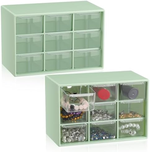 Wenqik 2 Pcs Mini Storage Drawers with 9 Clear Drawers, Green