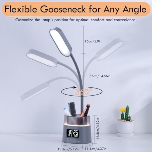 Led Desk Lamp with Pen Holder, Touch Lamps for Nightstand Eye-Caring Bedside Reading Light with Clock, Office Lamps Stepless Dimming, Lamp for Dorm Room, Suitable for Kid/Girl/Boy (Gray)