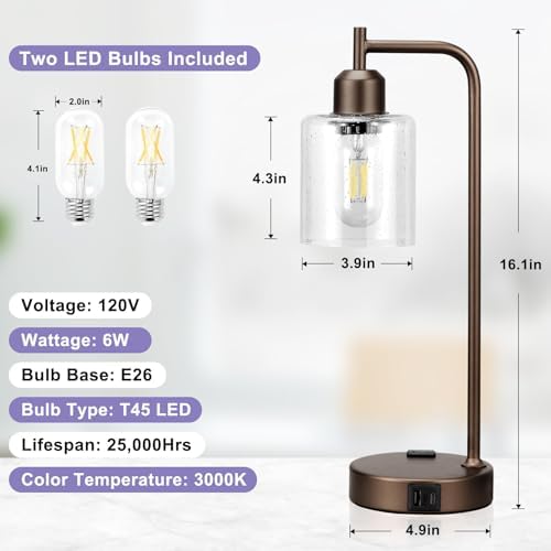 Innqoo Industrial Touch Table Lamps - 3-Way Dimmable Desk Lamps Set of 2 with USB C+A Ports and Outlet, Brown Bedside Lamps with Clear Glass Shade for Living & Bedrooms