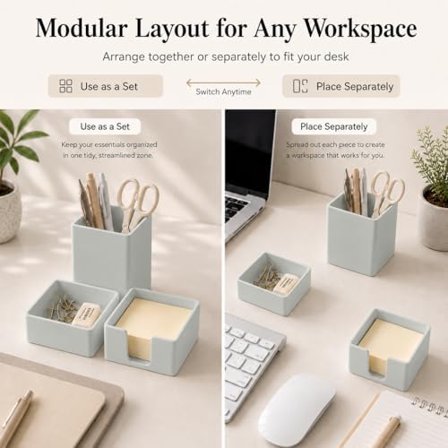 minimaliving Aesthetic Silicone Desk Organizer Set of 3,Modern Office Desk Accessories with Pen Holder,Paperclip Tray,Sticky Note Holder,Stylish Functional Office Desk Decor for Back-to-school(Grey)