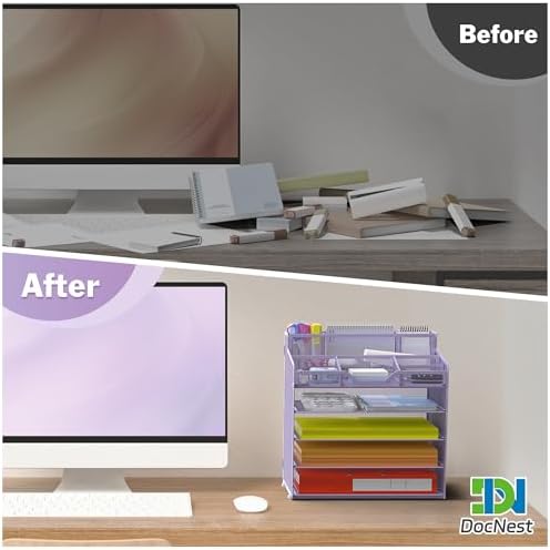 Docnest 5 Tier Mesh Desk Organizer with Letter Tray & Paper Sorter, Purple