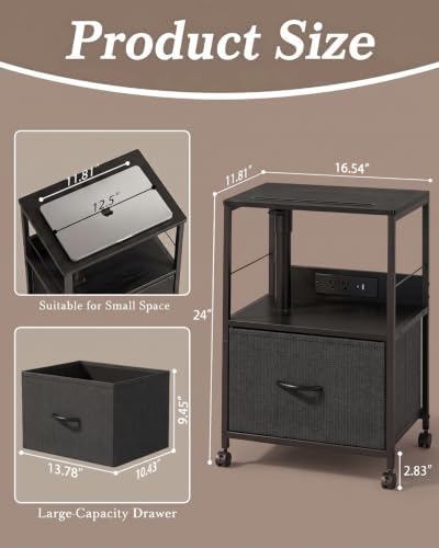 Faesun Night Stand with Charging Station & Swivel Top, Black Gray