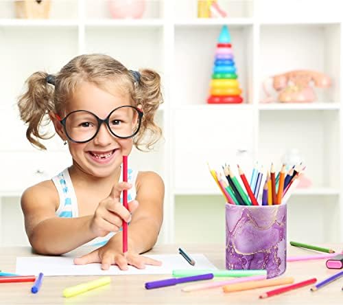 Large Capacity Colored Pen Holder for Desk, Leather Pencil Holder Pen Cup Marker Holder Makeup Brush Holders, Desk Accessories & Workspace Organizers for Home, Office, Purple Marble
