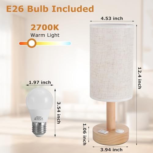 Small Bedside Table Lamp with AC Outlet, Natural Wood Base & Linen Shade, Mini Cute Cozy Warm White Nightstand Boho Lamp, Study Desk Night Stand Light for Bedroom, Kitchen, Nursery, Living Room