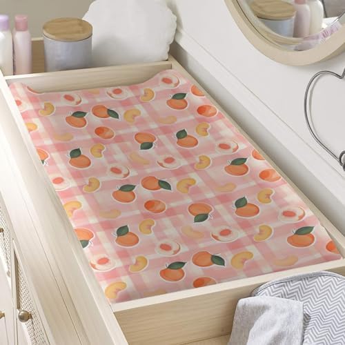 Summer Peaches Leaves Checkered Pattern Baby Changing Pad Cover, Unisex Fruits Nursery Diaper Changing Table Pad Mat Sheet for Boys Girls-16x32