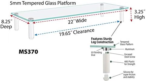 Kantek Glass Monitor Riser with 5mm Tempered Glass Platform and 40-Pound Capacity, 22-Inch W x 8.25-Inch D x 3.25-Inch H, Clear Glass (MS370)