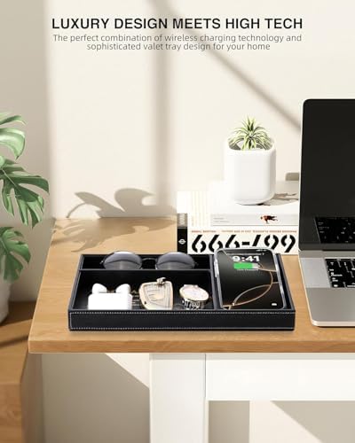 TopMade Valet Tray for Men, Built in Wireless Charging Pad, Nightstand Dresser Organizer, Faux Leather Mens Jewelry Box with Charging Station, Black
