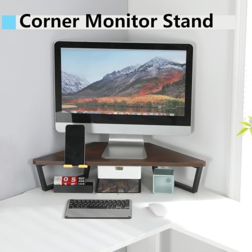 TEAMIX Corner Monitor Stand with Drawer and Phone Holder, 26x12.6x5.3in