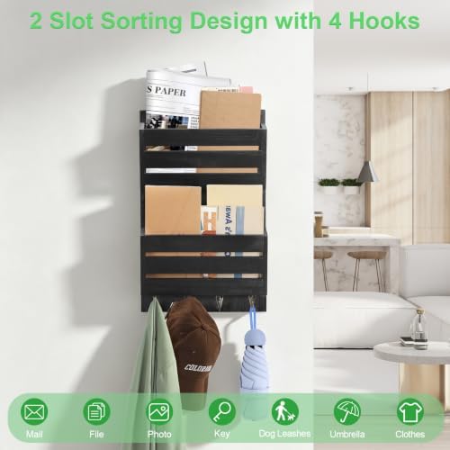 MOOACE Mail Organizer Wall Mount, Wood Mail and Key Holder with Hooks