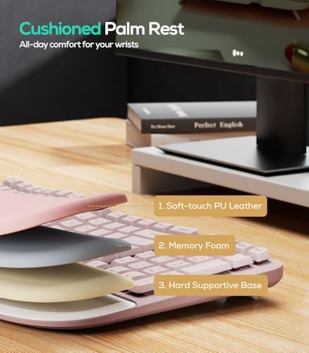 Nulea RT08 Wave Keys Wireless Ergonomic Keyboard with Cushioned Palm Rest, 2.4GHz Ergo Cordless USB Computer Keyboard, Comfortable Natural Typing, for Laptop, Mac, Windows (Pink)