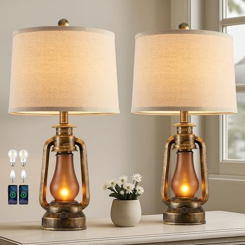 25" Set of 2 Rustic Lantern Table Lamps for Living Room Bedroom, 2 USB Ports Farmhouse Vintage Bedside Desk Lamp Nightlight for Entryway Office End Table, 4 Bulbs Included