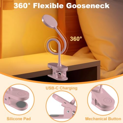 Rechargeable Clip on Light for Bed, Cute LED Reading Lamp for Girls Dorm Room, Portable Book Light with Clamp on Headboard Bedside Table, Flexible Lamp with 3 Color Temp & 10 Brightness (Pink/3.5'')