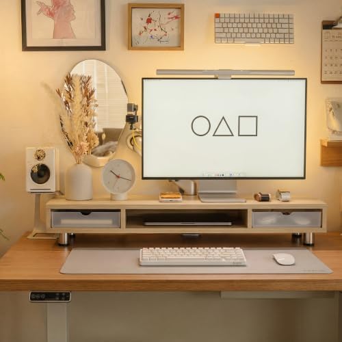 Fenge Dual Monitor Riser with 2 Drawers, 42.5in Long Desk Shelf, Oak