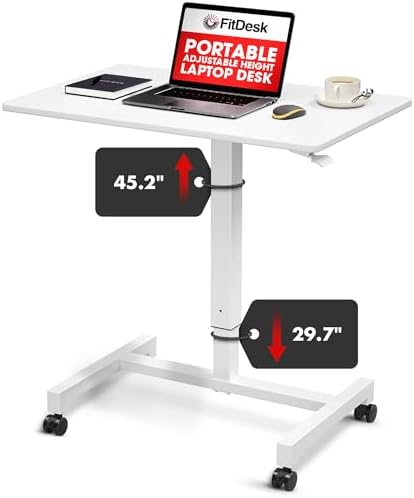 FitDesk Portable Laptop Desk, Adjustable Standing Workstation - White 27"