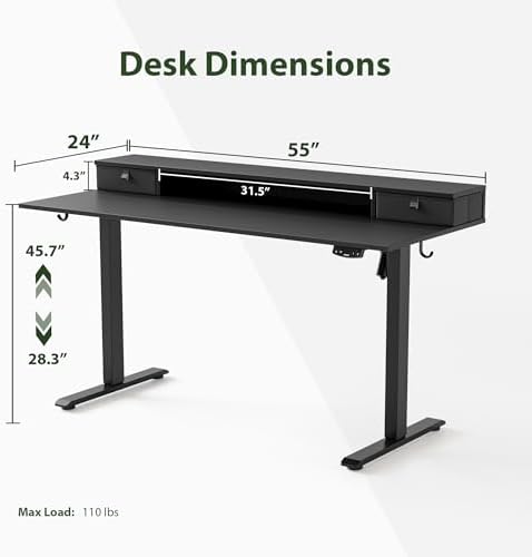 Agilestic 55 * 24 Inch Electric Standing Desk with Drawers, Black