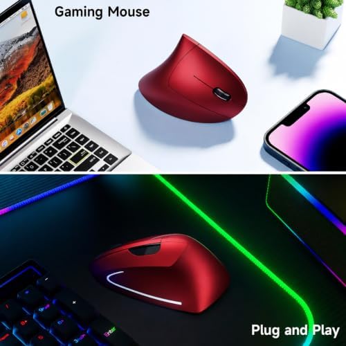 Ergonomic Vertical Wireless Mouse Stylish Rechargeable 2.4G Optical Mice Cordless Mouse with USB Receiver, 800/1200 /1600 DPI, 5 Buttons for Laptop,PC,Mac,Computer (Red)