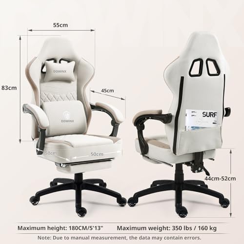 Dowinx Gaming Chair Breathable Fabric Game Chair with Gel Pad and Storage Bag, Comfortable Gamer Chair with Pocket Spring Cushion,Ergonomic Computer Chair with Footrest,Beige