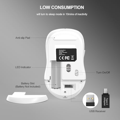 WisFox 2.4GHz Wireless Mouse for Laptop, Ergonomic 6-Button, White