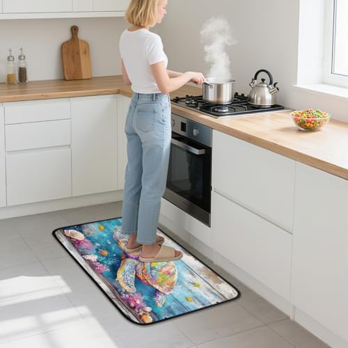 Summer Ocean Turtle Wood Door Mat Kitchen Mats, Indoor Outdoor Rugs, Cushioned Anti Fatigue Absorbent Kitchen Rug, Non-Slip Standing Desk Mat, Front Door Rug for Floor, Bathroom, Sink, 20"×39"
