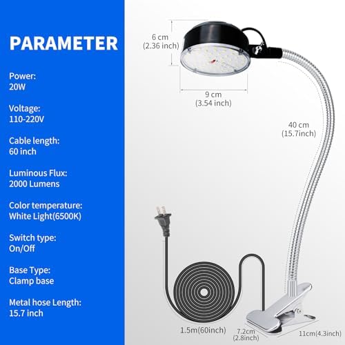 Clamp Light, LED Work Light with Flexible & Strong Clip for Workshop, Sewing, Lathe, Bandsaw, Workbench, Desk, Bright Small Area Task Lighting, 2000 Lumens, Silver