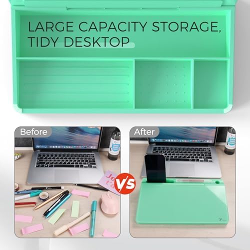 TOWON Compact Glass Desktop Whiteboard with Storage 12x7 in, Mint Green