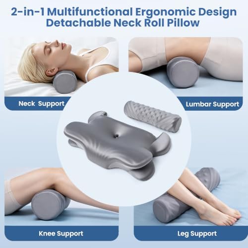 Cervical Pillow for Neck Pain Relief, 2-in-1 Orthopedic Neck Support Pillow for Sleeping, Cooling Ergonomic Contour Memory Foam Pillow for Side Back Sleepers, Adjustable with Detachable Roll