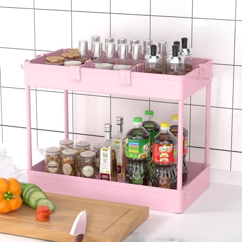 SPACELEAD 3 Tier Rolling Cart with Wheels, Storage Craft Art Trolley Organizer Serving, 3 Hanging Baskets Easy Assembly, for Office, Living Room, Kitchen, Pink