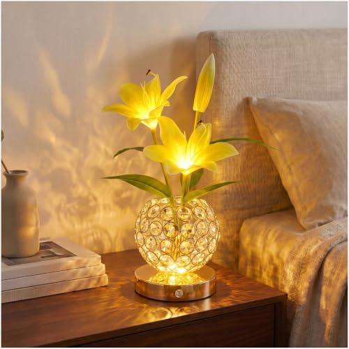 Stargazer Lily Crystal Table Lamp, Rechargeable Touch Flowers Lamp