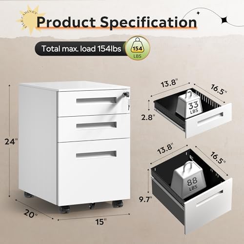 DEVAISE 3 Drawer File Cabinet with Lock, Fully Assembled Except Casters