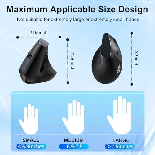 Ergonomic Bluetooth Mouse, Wireless Rechargeable Vertical Mouse for Carpal Tunnel with USBC & BT 5.0/3.0 & 2.4G Connect, Silent, Easy to use, 6 Buttons for Laptop PC MacBook Desktop Computer
