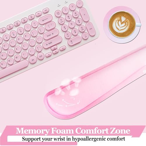 BamLue Keyboard Wrist Rest, Memory Foam Pad Set for Easy Typing & Pain Relief for Laptop, Office & Home, Ergonomic Sets for Keyboard, Gel Mouse, Smooth Fiber Cushion Wrist Support, Pink Gradient