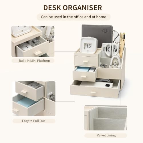 Desk Organizer with Drawer, Leather Nightstand Organizer for Women, Beige