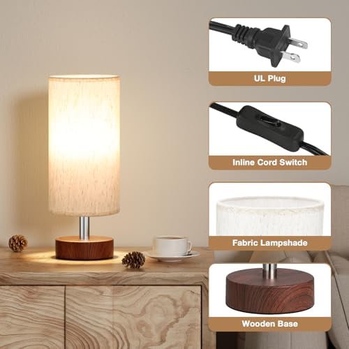 Table Lamps Set of 2 （Cream Shade - Walnut Base, 11.6" Inline Control）
